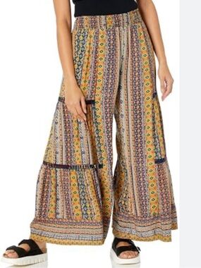 Angie Boho Printed Wide-Leg Pants in Olive and Black with Crochet Cutouts